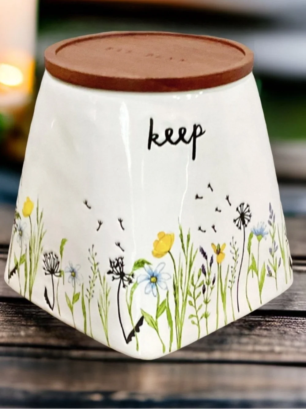 “Keep” Rae Dunn Floral Wildflower Ceramic Jar with Brown Wood Lid, 6” H x 4” D